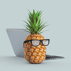 Leinwandbilder - Fresh Ripe Tropical Healthy Nutrition Pineapple Fruit with Eyeglasses in front of Modern Laptop. 3d Rendering