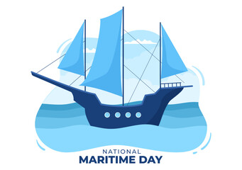 Wall Mural - World Maritime Day Illustration with Sea and Ship for Web Banner or Landing Page in Flat Blue Nautical Celebration Cartoon Hand Drawn Templates