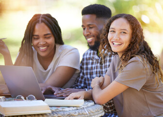 Sticker - Friends, students and group studying with laptop at park outdoors. Education scholarship, learning portrait and happy people, black man and women with computer for research at university or college.