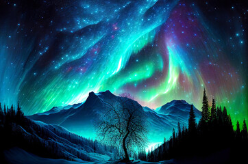 northern lights colorful fantasy landscape generative ai illustration, aurora borealis in the sky