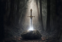 Sword King Arthur Excalibur In A Stone In The Forest, A Ray Of Light Reflected On The Sword, Fantasy