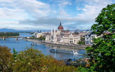 hungarian parliament in budapest, hungary on the danube river from above