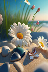 Aufkleber - Coastline sea, chamomile flowers on background of surf, flying butterflies. Landscape sea sand and flowers. 3d illustration