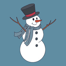 Snowman Christmas Character  With A Grey Scarf And Black Cylinder Hat Expressed Delight Isolated On Blue Background - Vector Illustration