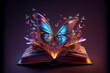 illustration of book wih neon butterfly and magic light. AI