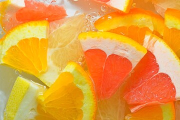 Pieces of grapefruit, orange fruit and honey pomelo in liquid with bubbles. Slices of  grapefruit, orange fruit and honey pomelo in water. Fresh slices of  grapefruit, orange fruit and honey pomelo.