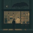 A coffee shop in the middle of the night only one clerk and customer illustration minimalism 