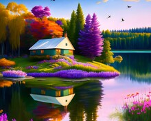 The Tranquil Retreat: A Picturesque Landscape Of A Lake, A Quaint Cottage And An Abundance Of Birds And Flowers, AI