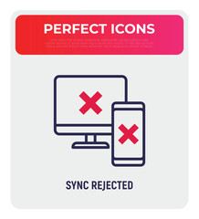 Wall Mural - sync between computer and smartphone is rejected: cross marks are on device screens. thin line icon.