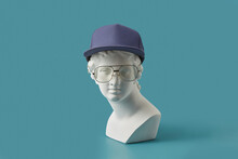 Greek Bust In Denim Cap And Vintage Glasses.