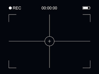 Photo camera frame cross viewfinder template. Vector illustration with rec, time, battery at dark background