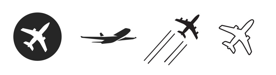 Wall Mural - airplane icon takeoff logo black pictogram set vector or plane take off flying silhouette shape grap