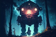 Woman Alone In The Woods Holding A Lantern Looking At A Giant Robot, Fantasy, Anime - Generative Ai