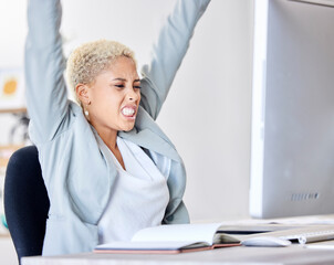 Wall Mural - Winner, success and motivation with a business black woman cheering while working in an office. Wow, winning and celebration with a female employee sitting arms raised after reaching a target or goal