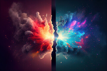 Two beams of colorful particles collide to create a universe