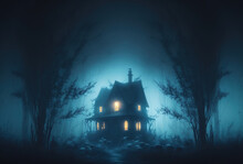Scary Old Haunted House In The Woods. Dwelling Of A Witch, A Sorcerer. Mystical Creepy Night Fog. 3D Rendering. AI Generated.