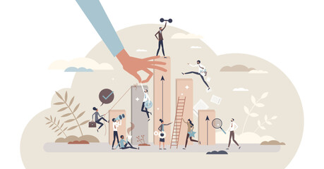 Wall Mural - Personal achievement and self improvement in work skills tiny person concept, transparent background. Leadership development with challenges to reach talent potential illustration.