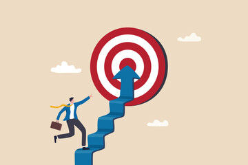 Wall Mural - Reach target or progress to reach goal, career step to success, achievement or growth, challenge and motivation to succeed concept, businessman walking up stair with arrow as path to reach goal.