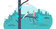 Self sabotage and self defeating mind state concept, transparent background.Flat tiny person illustration.Do not cut the branch you are sitting on.Wrong mental action and problem solving.Business.