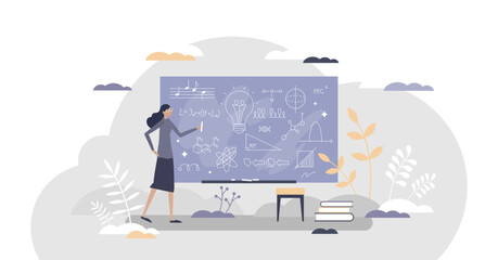 Chalkboard or blackboard with teacher writing scribble as explanation notes tiny person concept, transparent background. School lesson education and knowledge process with math, physics.