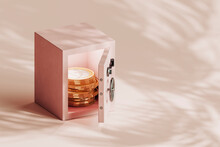 Safebox With Euro Coins Inside And Palm Tree Shadow