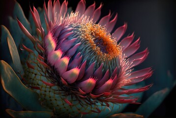 Enigmatic flower reminiscent of the Cape Proteaceae,  pointy flame petals and glowing aura. Strikingly beautiful and colorful offworld alien world flora - generative AI illustration. 