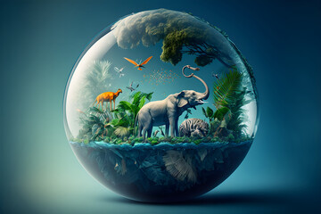 Crystal Earth glass globe ball and jungle flora, safari animals on blue sunny background. Saving environment, save clean planet and ecology