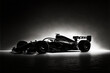 Side view silhouette of a modern generic sports racing car standing in a dark garage , generative AI