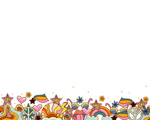 Colorful stylized decorative border.Vector 70s retro background. Psychedelic, hippies style.