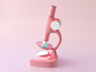 A soft pink plastic microscope on a pastel background. The concept of research, analysis, microbiological experiments. Cartoon style cute object, a single microscope. 3d render illustration.