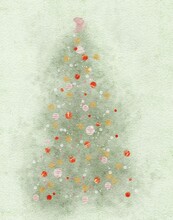 Abstract Watercolor Christmas Tree With Colorful Ornament Balls.