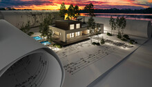 Bauplanung Eines Einfamilienhauses Mit Dachterrasse Und Swimmingpool Bei Abendbeleuchtung (Seenlanschaft Im Hintergrund) - 3D Visualisierung