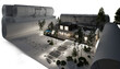 Entwurf eines Einfamilienhauses mit Dachterrasse und Swimmingpool bei Abendbeleuchtung (Stadtpanorama im Hintergrund) - 3D Visualisierung