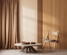 Room Interior Mock Up In Beige Tones With Wooden Chair And Wood Panel