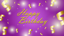 Bright Purple Happy Birthday Background With Gold Ribbons And Lights. Vector Illustration