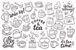 Collection of coffee and tea products. Doodle cliparts of teapots, cups, coffee, herbal teas... Isolated objects on a white background. Background to create patterns or use the objects individually.