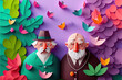 origami spring background, joyful elderly, happy couple, spring colorful. Paper cut craft, 3d paper illustration style, pop color. Valentine day concept. Love concept art. Generative AI