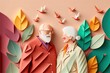 origami spring background, joyful elderly, happy couple, spring colorful. Paper cut craft, 3d paper illustration style, pop color. Valentine day concept. Love concept art. Generative AI