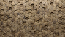 Natural Stone, Hexagonal Mosaic Tiles Arranged In The Shape Of A Wall. Semigloss, Textured, Bricks Stacked To Create A 3D Block Background. 3D Render