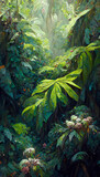 Fototapeta Sypialnia - oil painting of the jungle canopy big leaves flowers detailed  illustration Generative AI Content by Midjourney