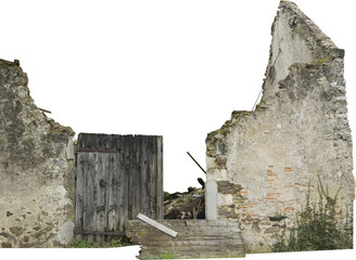 Poster - Isolated PNG cutout of a ruined house made of rocks and wood on a transparent background, ideal for photobashing, matte-painting, concept art
