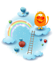 Wall Mural - Landscape with clouds, ladder and kitten with heart. Fantasy illustration, vector eps10