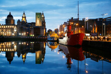 The Red Light Ship At Canning Dock Next To Albert Dock With The Liver Building In The Background, Liverpool, England, UK