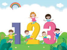 Cartoon Kids With 123 Numbers, Children With Numbers Isolated Poser Background Vector Illustration