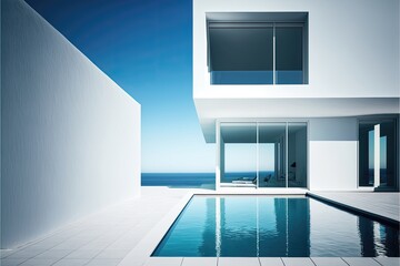 Wall Mural - Generative AI  beautiful white residential villa with modern architecture and swimming pool