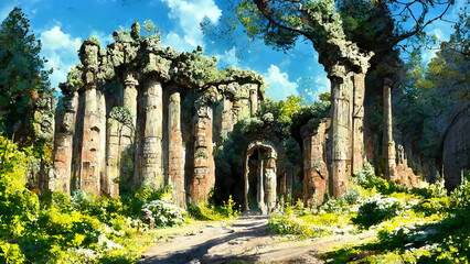forest old ruin of Greek city or Roman empire historical illustration art Generative AI Content by Midjourney