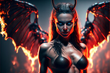 Sensual Seductive Sexy Female Devil With Flames And Fire In Hell. Designed Using Generative Ai. 