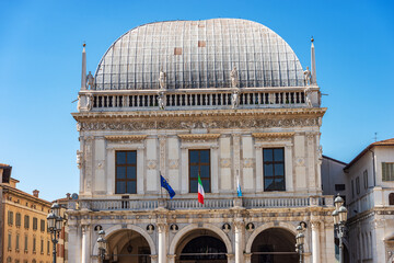 Sticker - Brescia, the ancient Loggia Palace (Palazzo della Loggia) in Renaissance Style, 1492-1574, Loggia town square (Piazza della Loggia). Lombardy, Italy, Southern Europe.