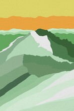 Graphic Illustration Of Jungle And Green Mountains With The Sunset.