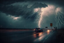 Heavy Thunderstorms With Big Winds And Striking Lightning On The Night Generative Ai